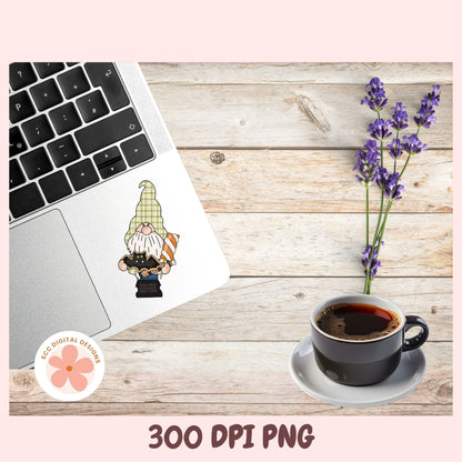 A styled flat-lay mockup showing a small gnome sticker applied to a silver laptop on a light wood surface, with a cup of coffee, lavender flowers, and a pink border. Text at the bottom reads '300 DPI PNG' and a circular logo says 'SEC DIGITAL DESIGNS'.