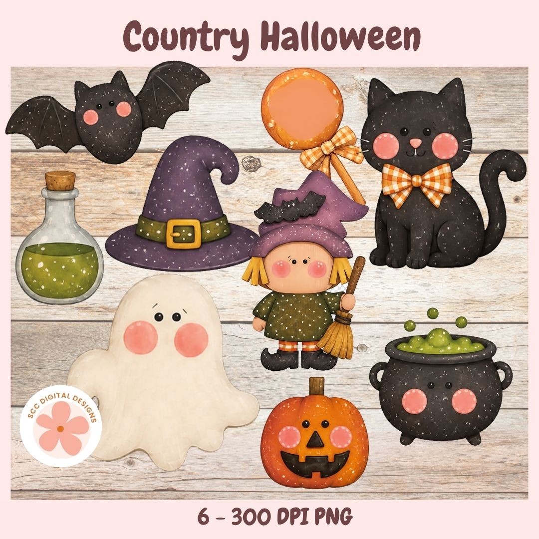 A digital clipart set for Country Halloween featuring cute cartoon illustrations of a black cat with a bow tie, a witch with a broom, a ghost, a jack-o'-lantern, a cauldron, a bat, a potion bottle, and a lollipop, all on a rustic wood background with 'Country Halloween' text at the top and '6 - 300 DPI PNG' at the bottom.