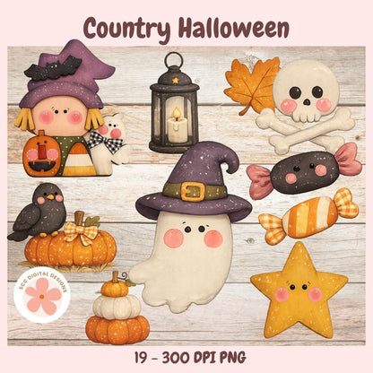 A digital clipart sheet titled 'Country Halloween' showing multiple cute illustrated autumn and Halloween motifs on a whitewashed wood background: a witch child, lantern, skull with crossbones, black bird, stacked pumpkins, ghost, candy, star, and acorn. Text at the bottom reads '19 - 300 DPI PNG' and a circular logo says 'EC Digital Designs'.