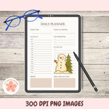 Daily planner on a tablet with a snowman illustration, glasses, and a pen on a wooden surface.