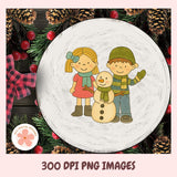 Round wooden ornament with cartoon children and snowman on a Christmas-themed background