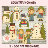 Illustrations of snowmen and children on a wooden background with 'Country Snowmen' text.