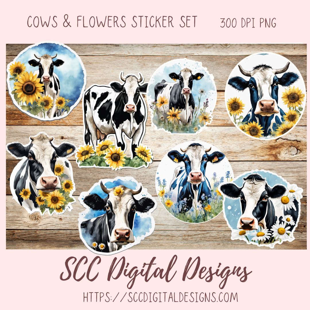 Cute Cow Sticker Set for Digital Planning and Printable Planners, Journals, Scrapbooking, Black and White Cow PNGs, Instant Download Goodnotes Compatible PNG Images