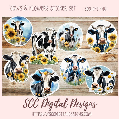 Cute Cow Sticker Set for Digital Planning and Printable Planners, Journals, Scrapbooking, Black and White Cow PNGs, Instant Download Goodnotes Compatible PNG Images