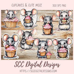 Cute Mice Printable and Digital Stickers Clipart 8 designs in 300 dpi png format