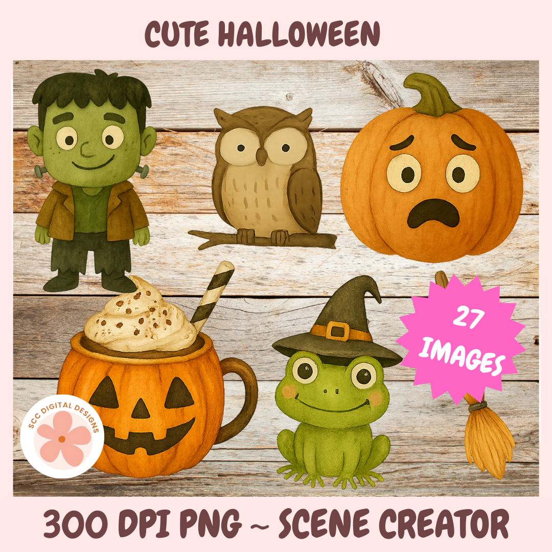 Set of cute Halloween illustrations including a monster, owl, pumpkin, mug with ice cream, frog, and broom on a wooden background.