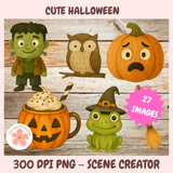 Set of cute Halloween illustrations including a monster, owl, pumpkin, mug with ice cream, frog, and broom on a wooden background.