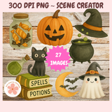 Halloween-themed digital clipart set with pumpkin, witch hat, cauldron, and ghost on a wooden background.