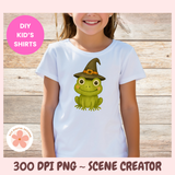 Child wearing a white t-shirt with a green frog wearing a witch hat design, on a wooden background.
