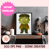 Framed illustration of a green character on a Halloween-themed shelf with pumpkins and a skeleton.