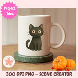 White mug with black cat illustration on a wooden surface with pumpkins and leaves.