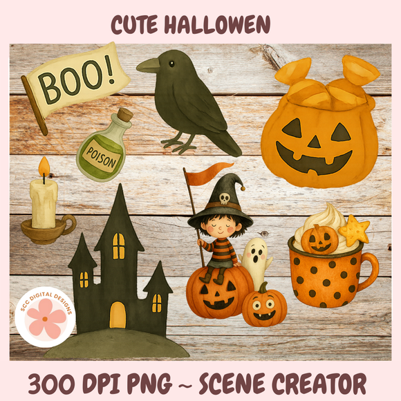 Halloween-themed clipart set with pumpkins, witch, ghosts, and other elements on a wooden background.