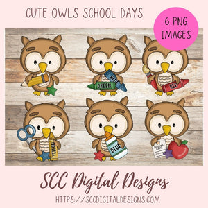 Back to School Owls Clipart, Cute Owls with School Elements Pencil, Crayons, Glue, Report Card, Scrapbooking Elements, DIY Printable Stickers & Digital Planner Stickers