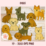 Illustrations of dogs on a wooden background with 'Dogs' text at the top.