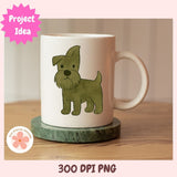 White mug with a green dog illustration on a wooden surface