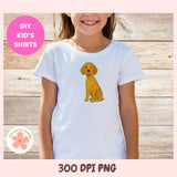 Child wearing a white t-shirt with a dog graphic on a wooden background, with 'DIY Kids Shirts' text.