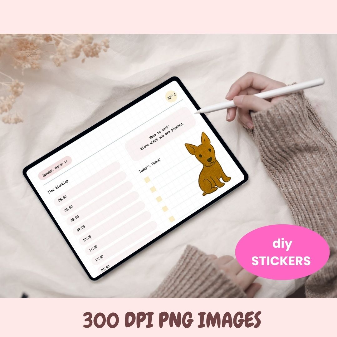 Person using a stylus on a tablet with a dog illustration and text, on a soft fabric background.