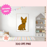 Framed illustration of a dog on a wall in a room with shelves and a rug.