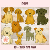 Illustrations of dogs in various colors on a wooden background with 'Dogs' text at the top.