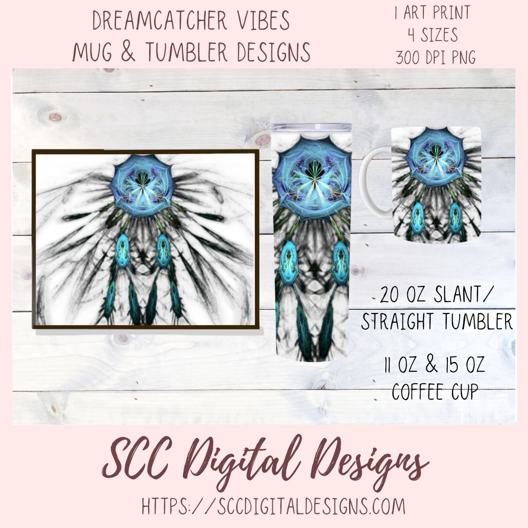 Silver & Turquoise Dreamcatcher Tumbler Clipart, Perfect for Personalizing Coffee Mugs! DIY Gift for Mom, Instant Download Ccommercial Use Art