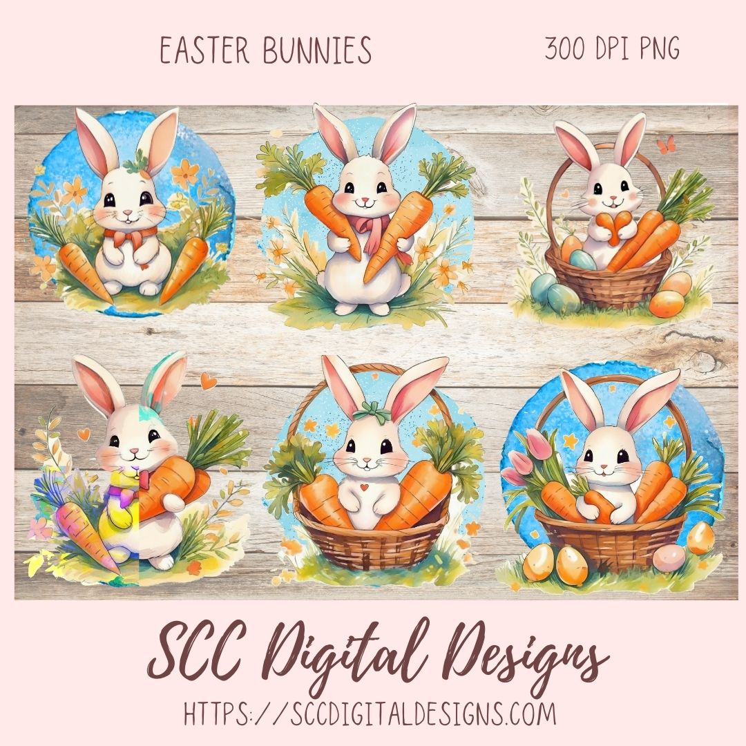 Whimsical Easter Bunny Basket Digital Sticker Set 6 designs in 300 dpi png format