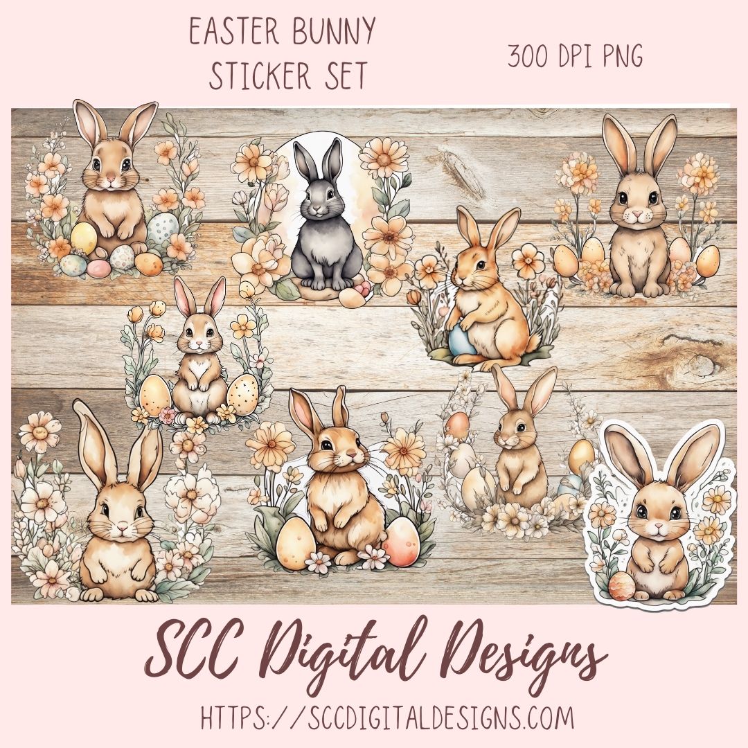 Whimsical Easter Bunny Stickers PNGs for Digital and Printable Planners, Bullet Journals, Scrapbooking, Laptops, Spring Floral Rabbit Gift for Women 