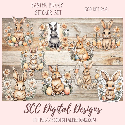 Whimsical Easter Bunny Stickers PNGs for Digital and Printable Planners, Bullet Journals, Scrapbooking, Laptops, Spring Floral Rabbit Gift for Women 