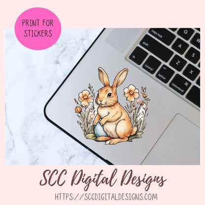 Whimsical Easter Bunny Stickers PNGs for Digital and Printable Planners, Bullet Journals, Scrapbooking, Laptops, Spring Floral Rabbit Gift for Women 