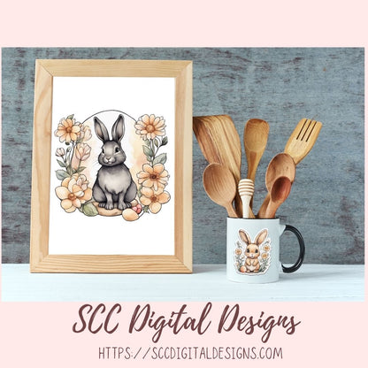 Whimsical Easter Bunny Stickers PNGs for Digital and Printable Planners, Bullet Journals, Scrapbooking, Laptops, Spring Floral Rabbit Gift for Women 