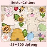 Set of Easter-themed cutout shapes including bunnies, flowers, and a beehive on a wooden background.