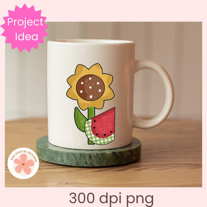 Mug with sunflower and watermelon design on a wooden surface