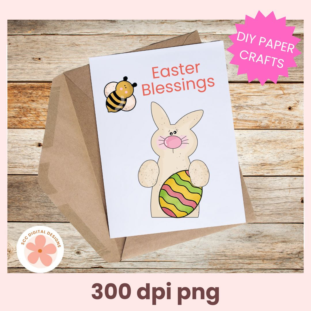 Easter-themed card with bunny and egg design on a wooden background, featuring 'DIY Paper Crafts' text.