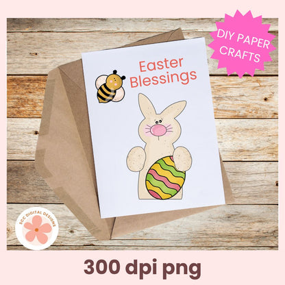 Easter-themed card with bunny and egg design on a wooden background, featuring 'DIY Paper Crafts' text.