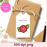 Gift box with 'Happy Easter' card featuring a red flower design on a white background.