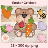 Easter-themed clipart set with bear, carrots, flowers, and bee on a wooden background.