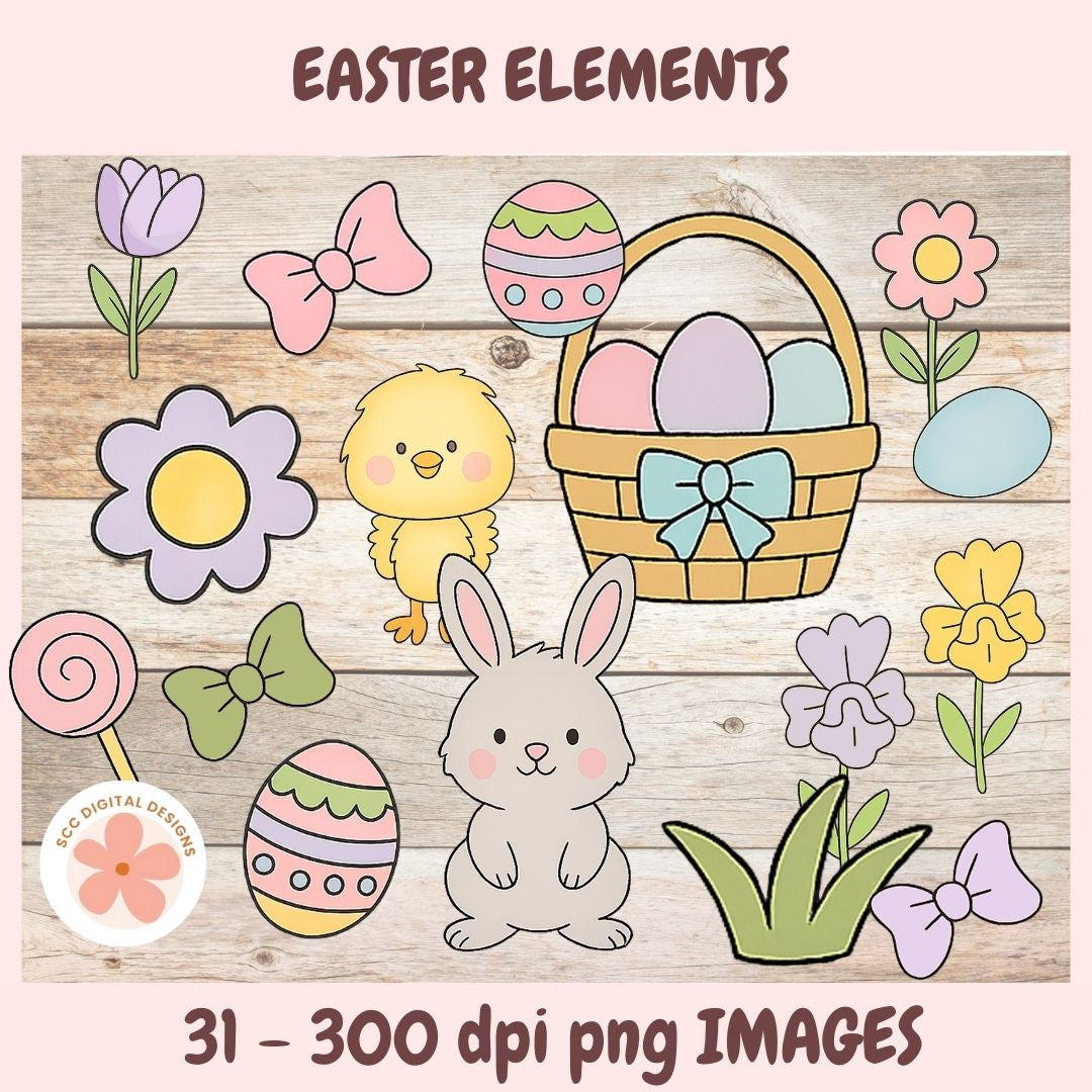 Set of Easter-themed elements including a basket, eggs, flowers, and a chick on a wooden background.