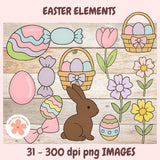 Set of Easter-themed elements including eggs, candy, a rabbit, and flowers on a wooden background.