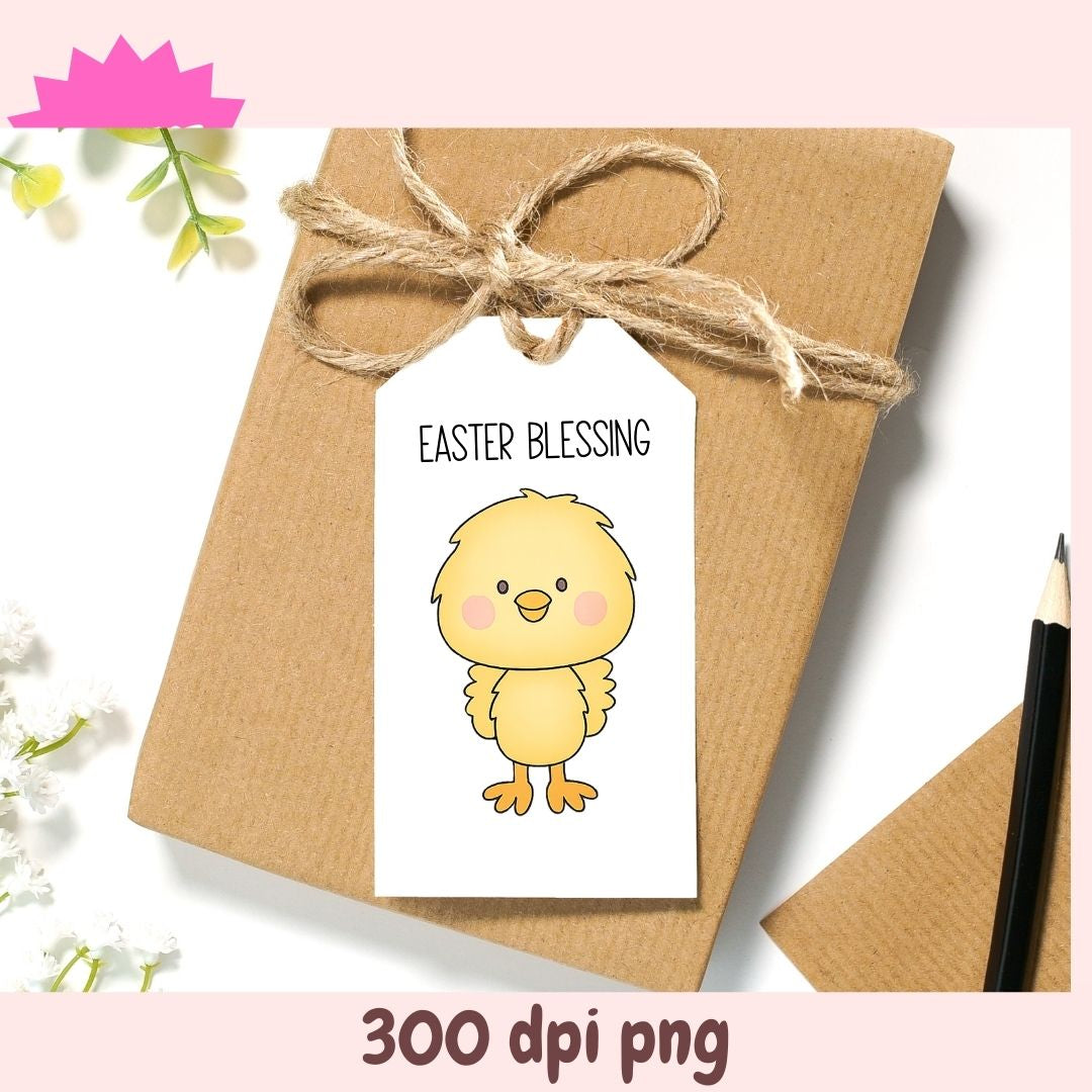 Gift wrapped in brown paper with a 'Easter Blessing' tag featuring a chick illustration.