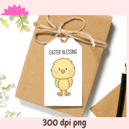 Gift wrapped in brown paper with a 'Easter Blessing' tag featuring a chick illustration.
