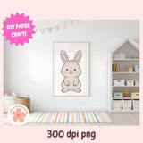 Framed cartoon rabbit print in a child's room with colorful rug and shelves.