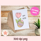 Easter card with pink tulip and colorful egg on a wooden surface with 'DIY Paper Crafts' text.