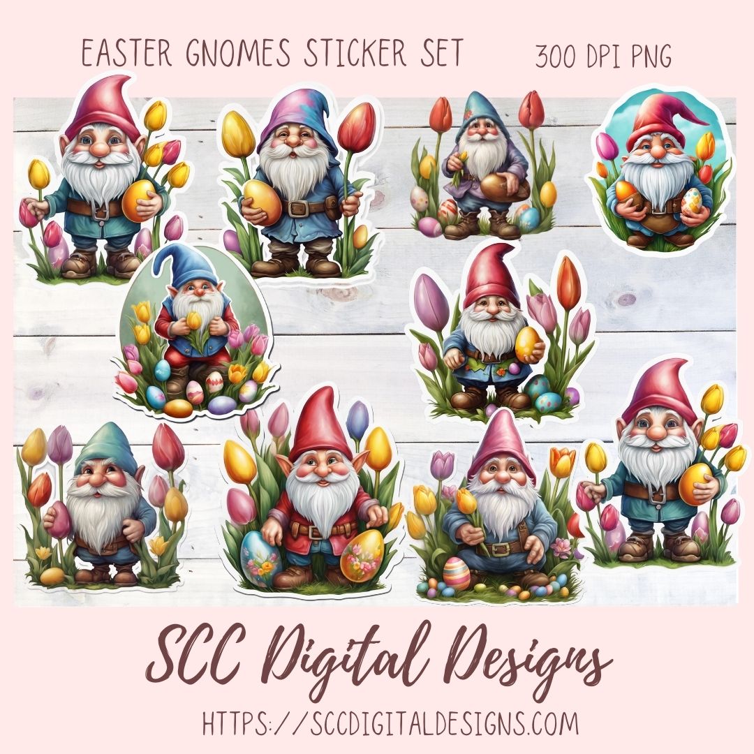 Easter Gnome Sticker Set for Digital Planners, Journals, Notes, and Scrapbooking, Printable Planner Spring Embellishments, Instant Download Pre-Cropped Goodnotes Compatible PNG Images