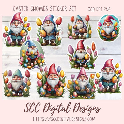 Easter Gnome Sticker Set for Digital Planners, Journals, Notes, and Scrapbooking, Printable Planner Spring Embellishments, Instant Download Pre-Cropped Goodnotes Compatible PNG Images