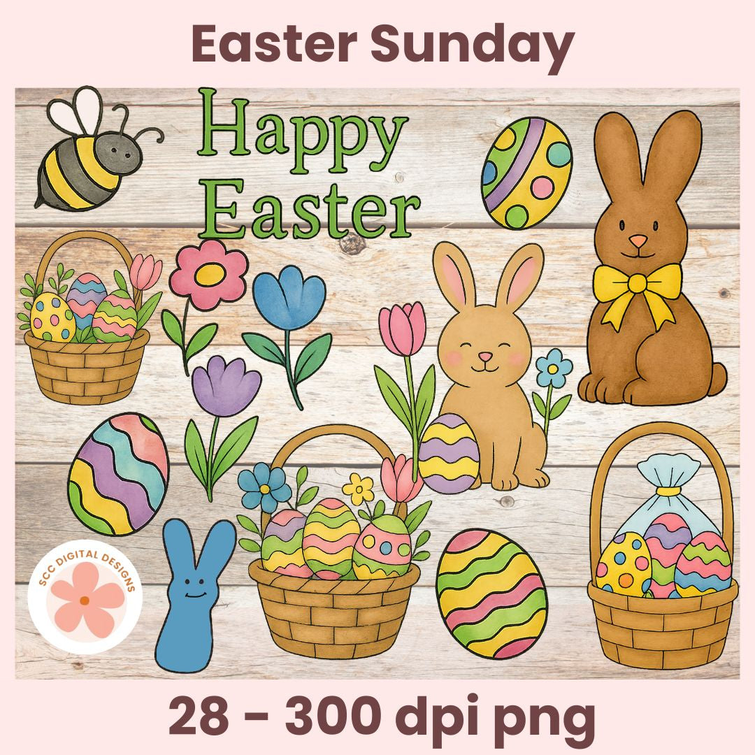 Happy Easter illustration set with bunnies, eggs, and flowers on a wooden background.