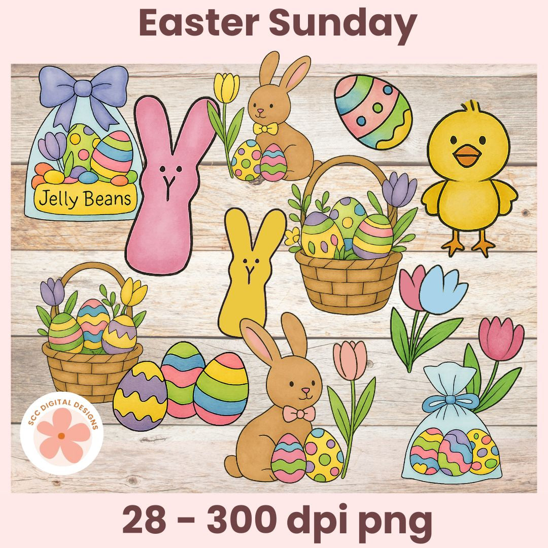 Collection of Easter-themed illustrations including bunnies, eggs, and a chick on a wooden background.