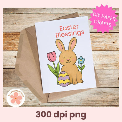 Easter card with a bunny and egg design on a wooden surface, featuring 'Easter Blessings' text.