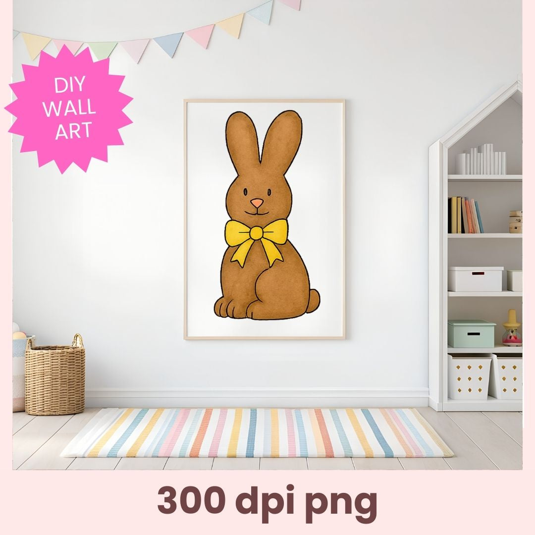 Framed cartoon rabbit with a yellow bow tie on a wall in a room with a striped rug and bookshelf.