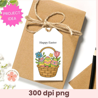 Gift wrapped in brown paper with a 'Happy Easter' tag featuring an Easter basket illustration.