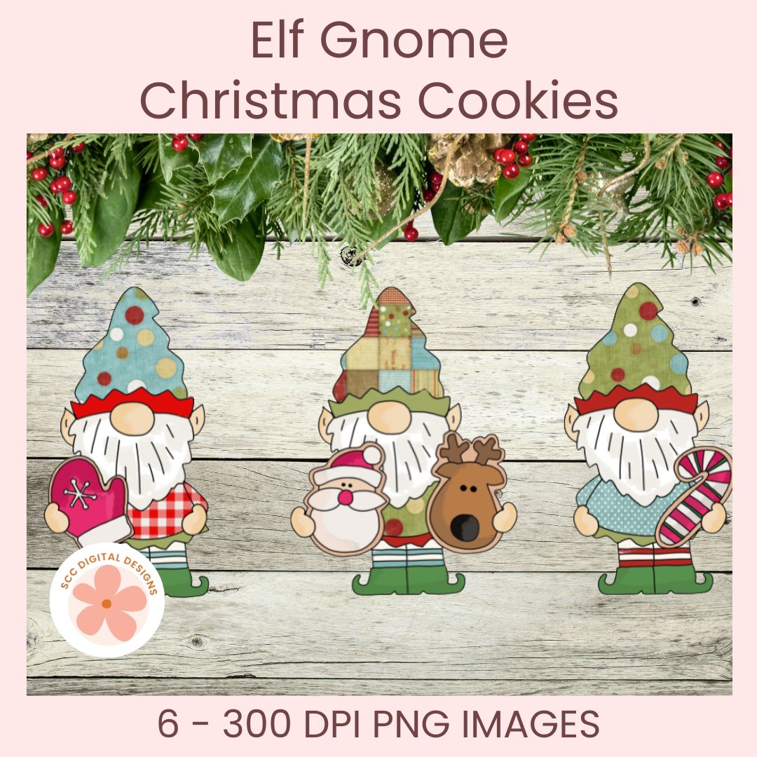 Digital preview graphic for 'Elf Gnome Christmas Cookies' featuring three festive gnome cookie illustrations on a rustic wood plank background with pine garland. Text at the top reads 'Elf Gnome Christmas Cookies' and text at the bottom reads '6 - 300 DPI PNG IMAGES'.
