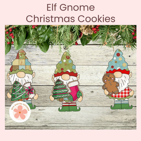 Three festive elf gnome Christmas cookie designs displayed on a rustic wood background with green pine garland and red berries at the top. The text 'Elf Gnome Christmas Cookies' appears above, and a circular 'EC Digital Designs' logo is visible in the lower left.